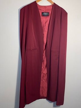HAODUOYI Burgundy Open Front Longline Cape Blazer Jacket - Size 10